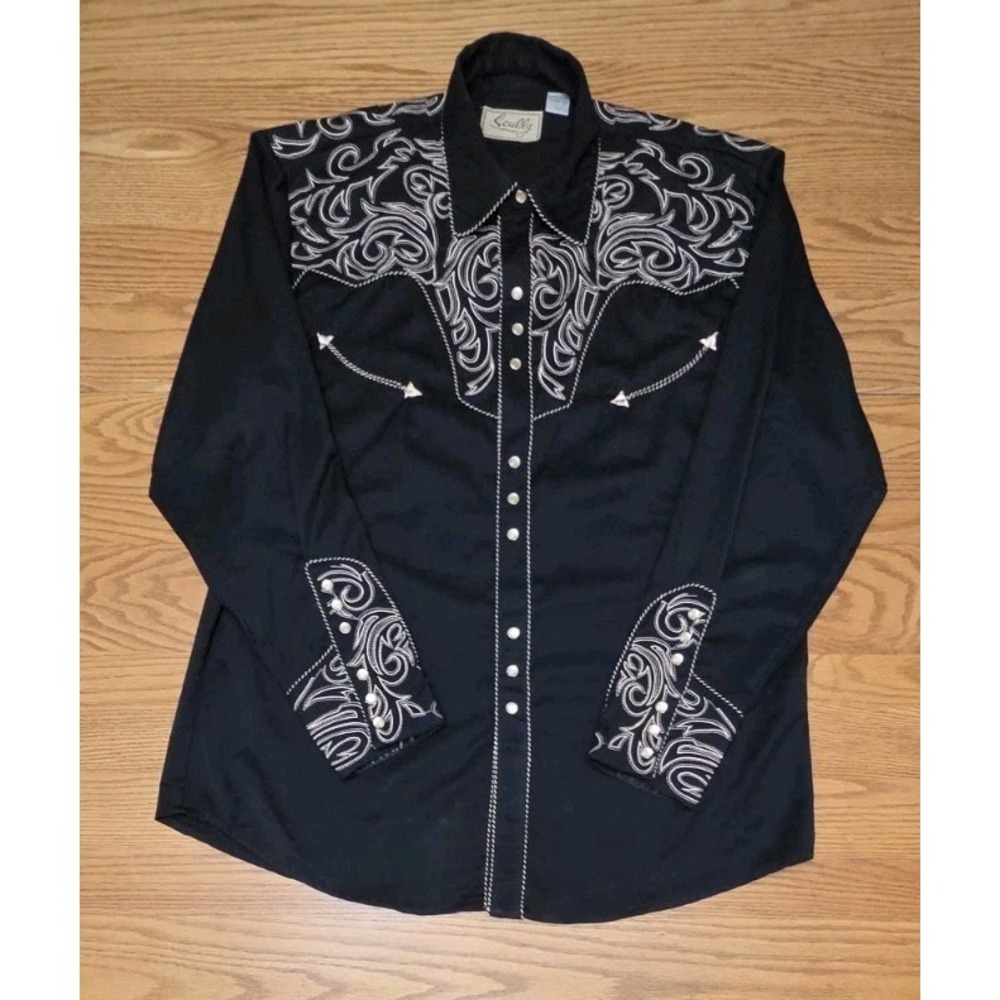 Scully Shirt Mens Large Western Gunfighter Black Copper Floral Pearl Snap Rodeo